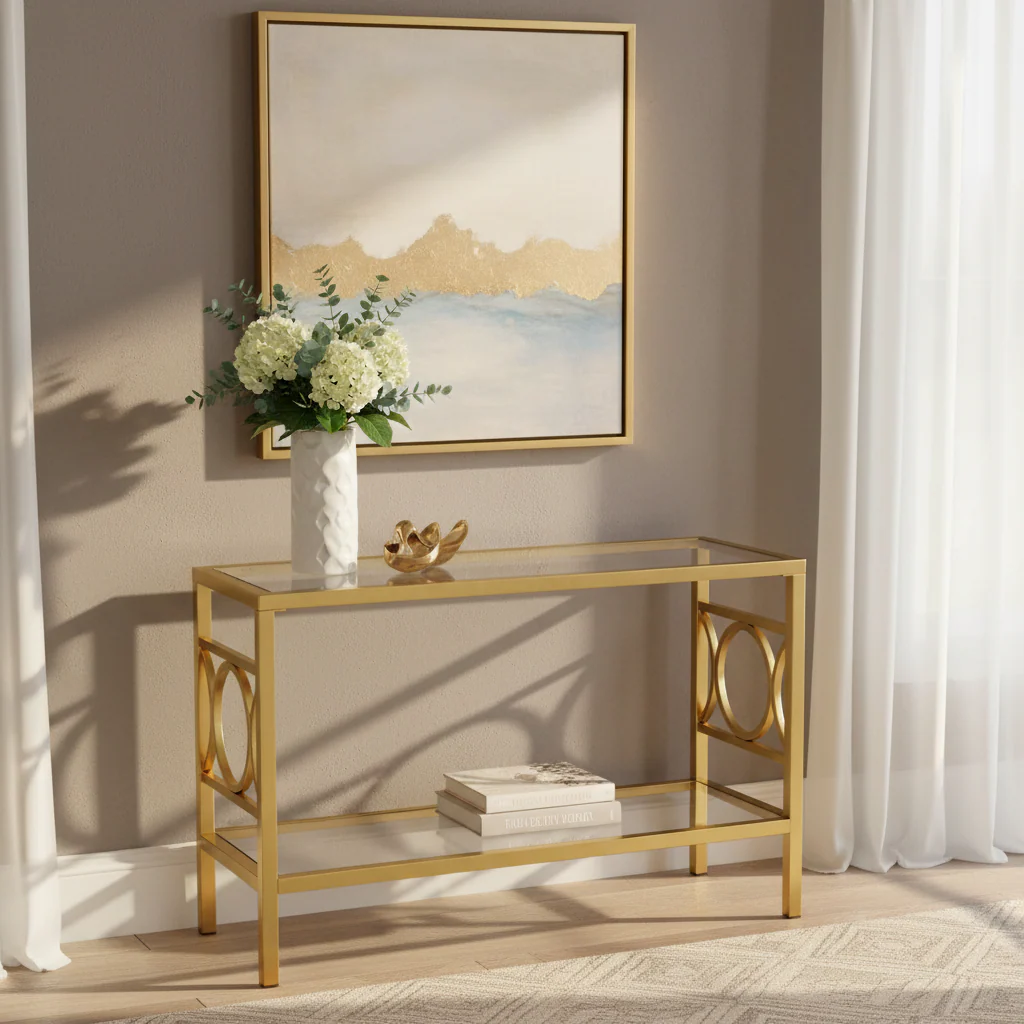 Gold Tempered Glass Sofa Table with Mirrored Shelf & Geometric Iron Base – Contemporary Style, Living Room Use