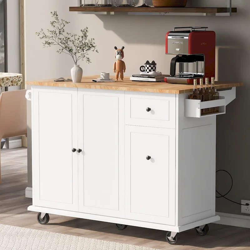 53.9 W Kitchen Cart, Kitchen Island W/3-layer Pull-out Cabinet, Internal Storage Rack, Spice Rack, Towel Rack Storage