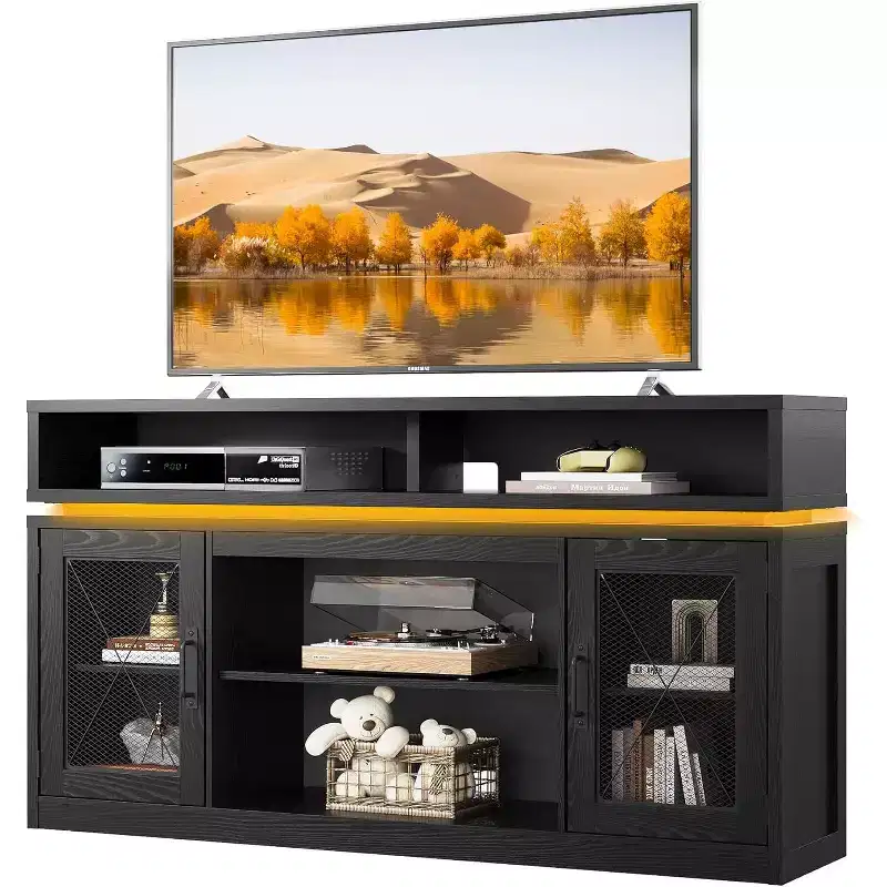 GALAXHERO Farmhouse TV Stand for 65 Inch TV with LED Lights, Rustic Entertainment Center with Storage Cabinets for Living Room or Bedroom