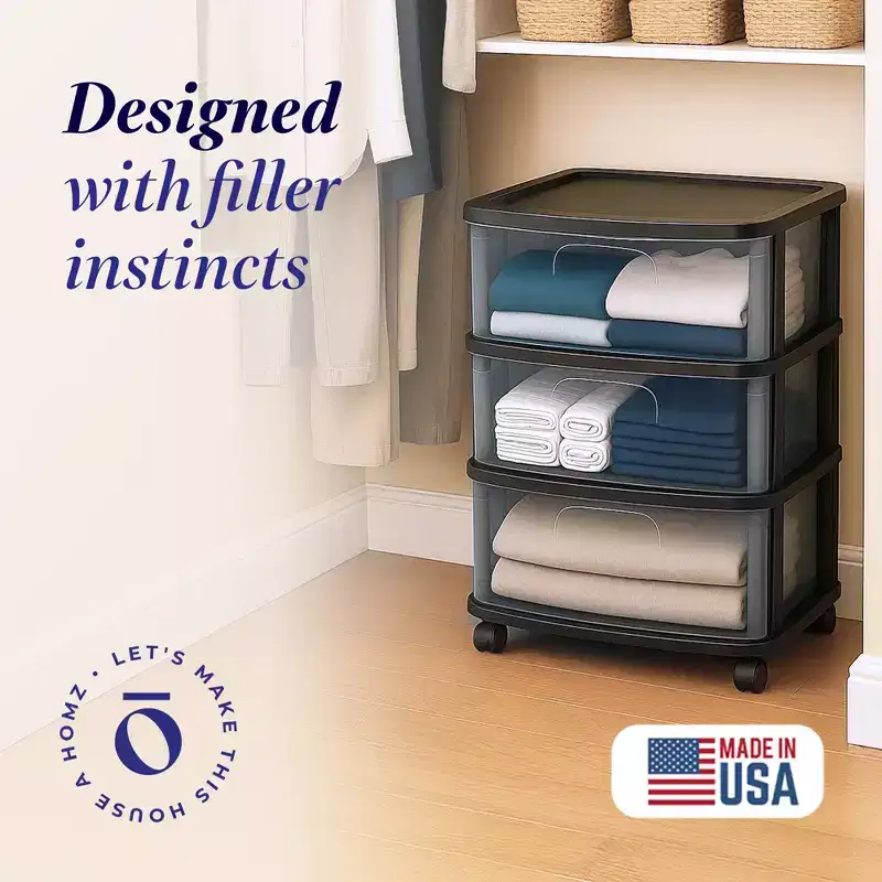 Homz Tall Solid Plastic 3 Drawer Medium Storage Cart with Caster Wheels for Living Room, Kitchen, Bedroom, Bathroom, and More