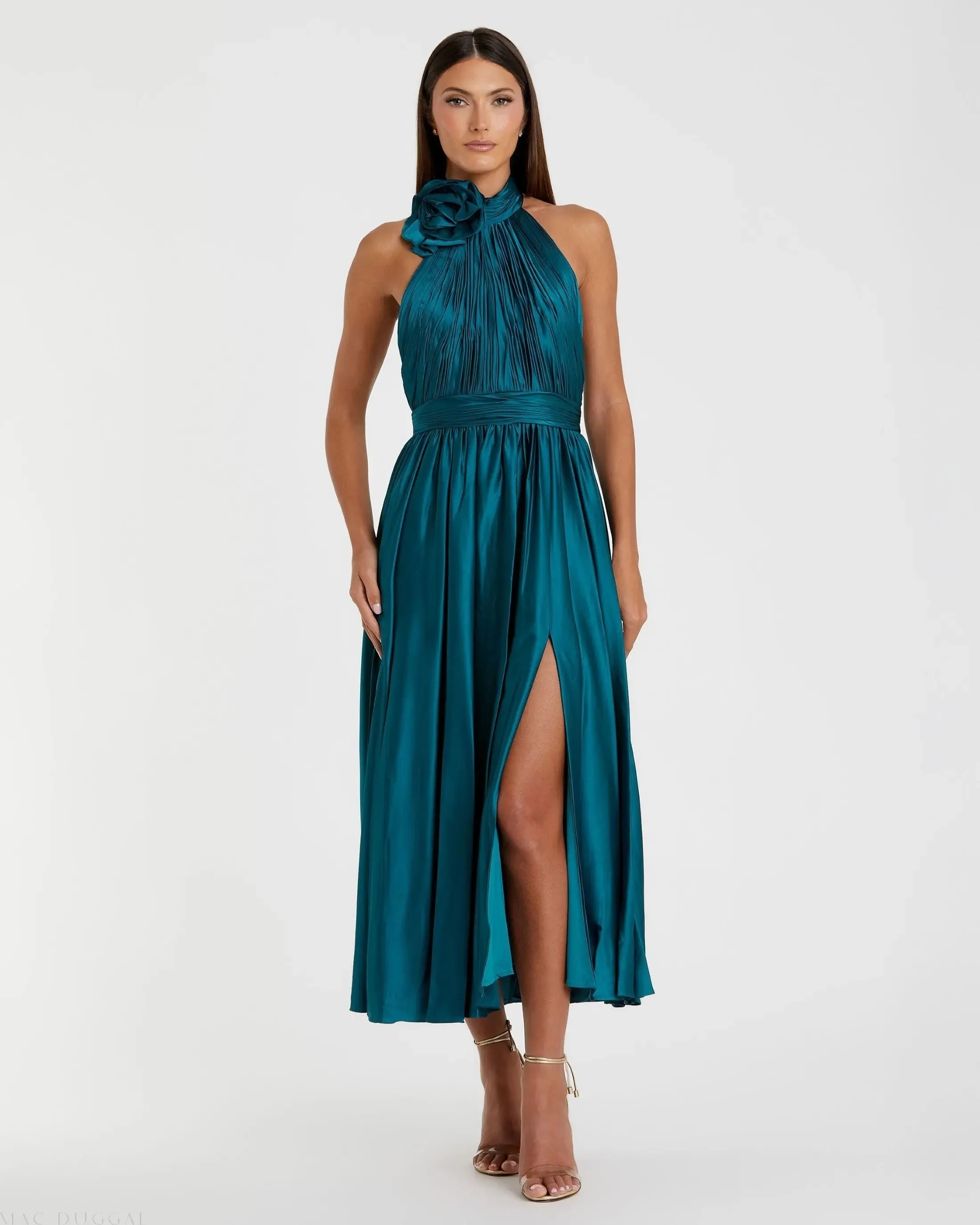 Teal Pleated Charmeuse High Neck Sleeveless Midi Dress