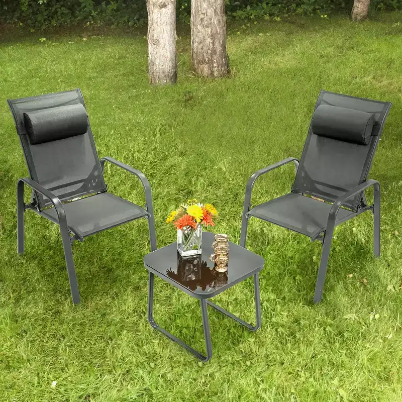 Costway 3PCS Patio Bistro Furniture Set Adjustable Back Stackable Chairs Brown\Black