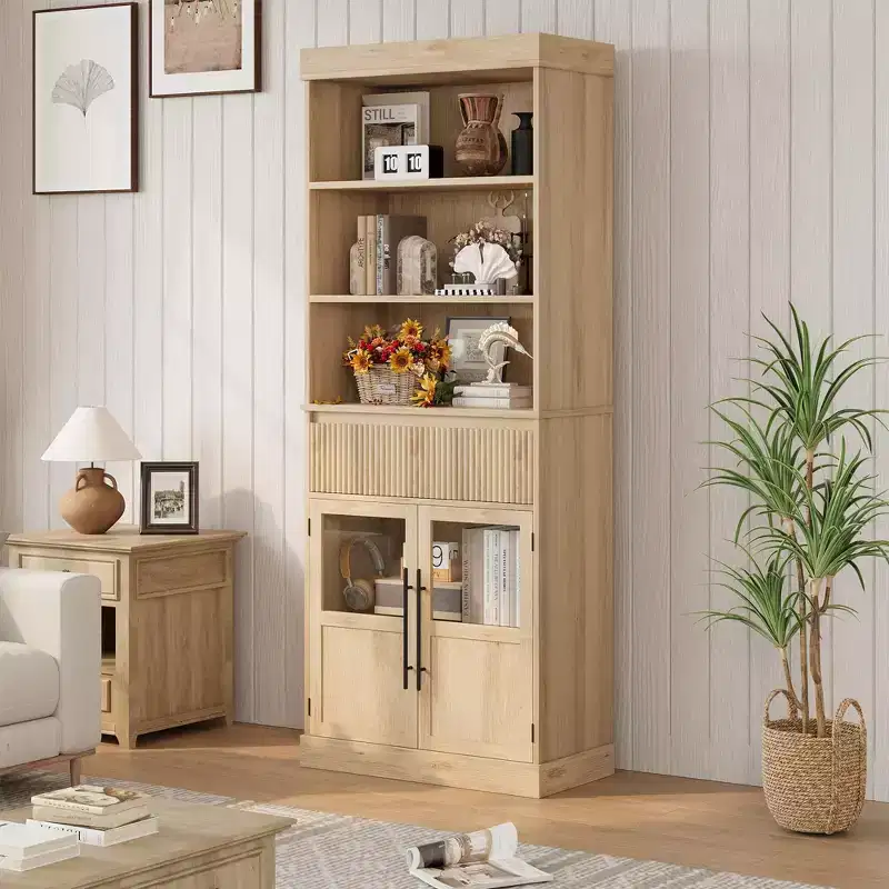 CuisinSmart Farmhouse Glass Door Display Cabinet with a Drawer, Freestanding Kitchen Pantry Cabinet with 3-Tier Open Shelves, Wood Bookshelf