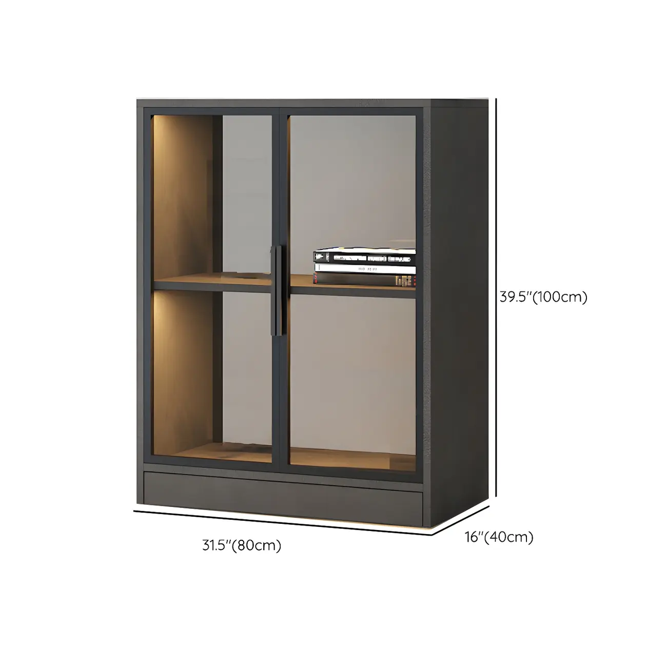 Square 2-Shelf Black Wooden Display Cabinet with Light