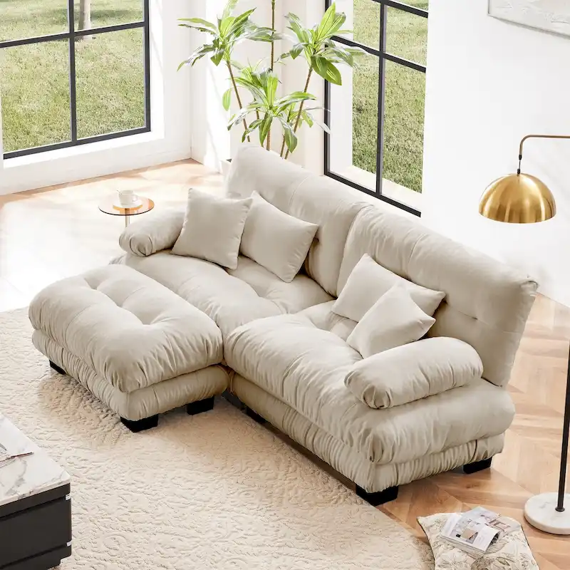 L Shaped Loveseat Sofa Chenille Sectional Couch with Lumbar Pillows