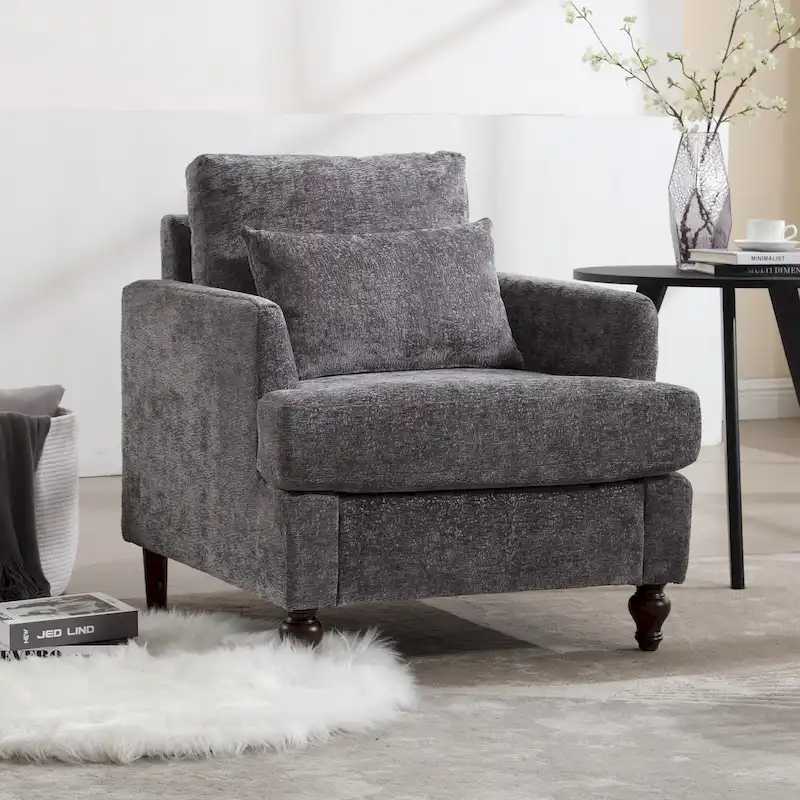 Chenille Upholstered Mid Century Modern Wood Frame Armchair for Living Room