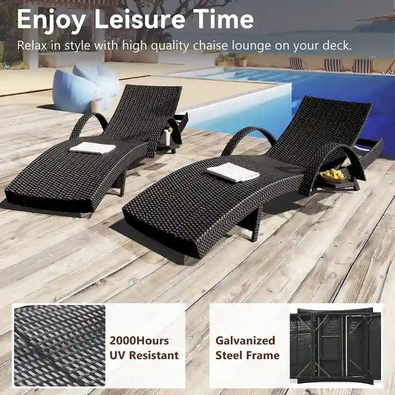 80 Wicker Chaise Lounge Chairs Set of 2,Patio Rattan Reclining Chair Pull-out Side Table Adjustable Backrest Ergonomic