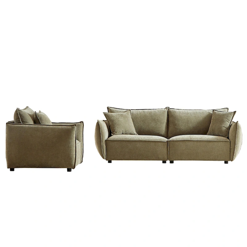 2-Pieces Linen Fabric 4-Seat Modular Sofa Set with 3+1 Seater Combo and Wooden Frame & 3 Pillows