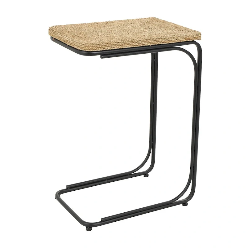 Dried Plant Handmade Coiled C-Shaped Side End Accent Table with Black Metal Legs - Brown