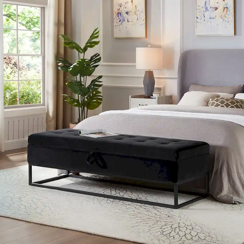 Upholstered Storage Bench with Metal Base