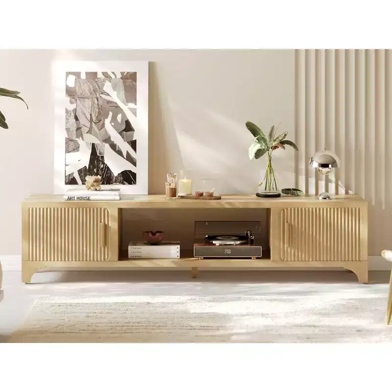 Fluted Oak TV Stand for 65-75 Inch TV - Media Console with Storage Cabinets