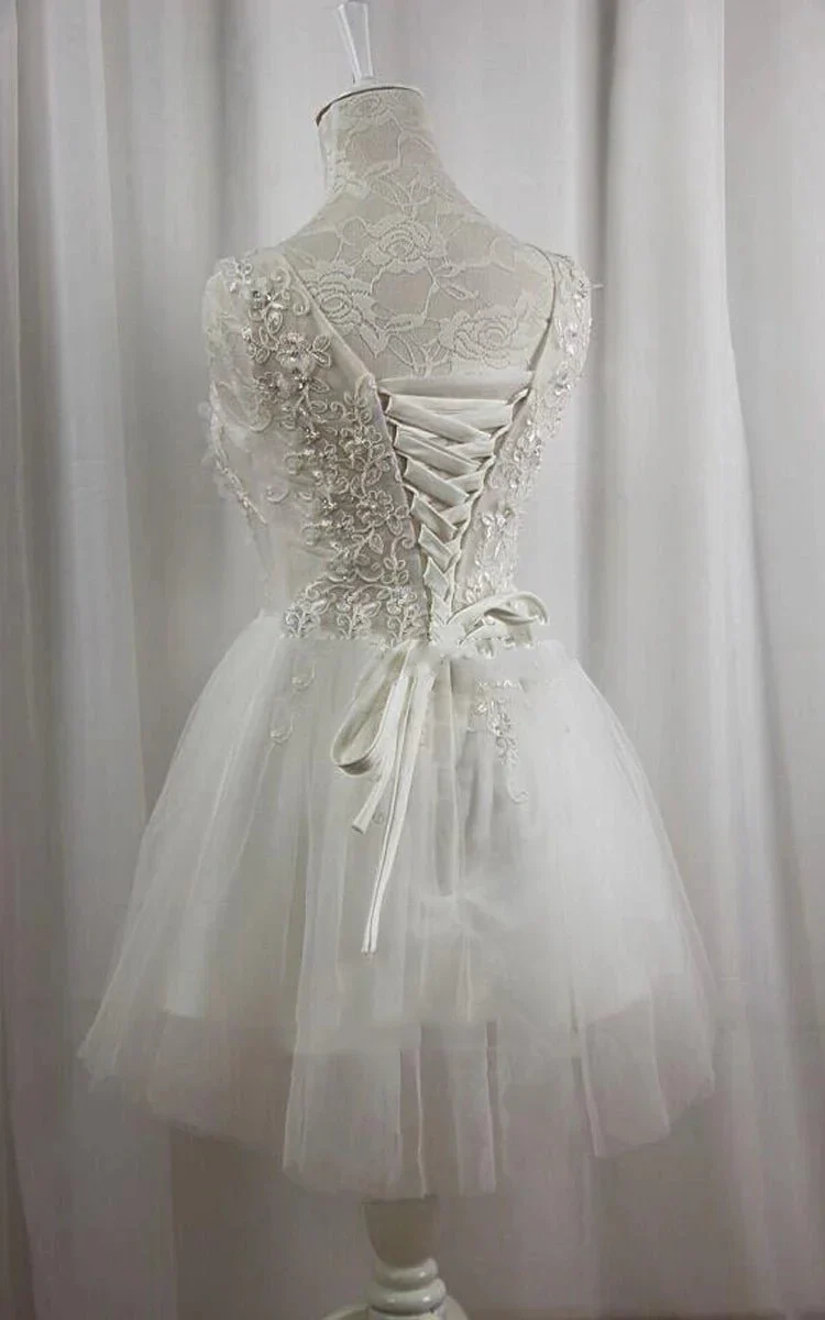 Short V-Neck Tulle Satin A-Line Wedding Dress
