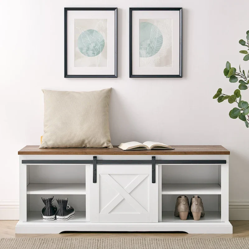 48-Inch Sliding Barn Door Storage Bench | Rustic Entryway Bench with Hidden Storage