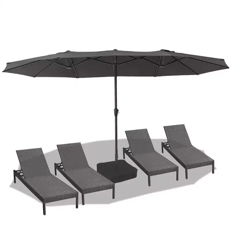 Double-Sided Patio Umbrella with Base - 15FT Rectangle Outdoor Canopy - Easy Crank, Heavy Duty Sun Shade for Garden, Pool, Deck, Lawn, Market, Beige