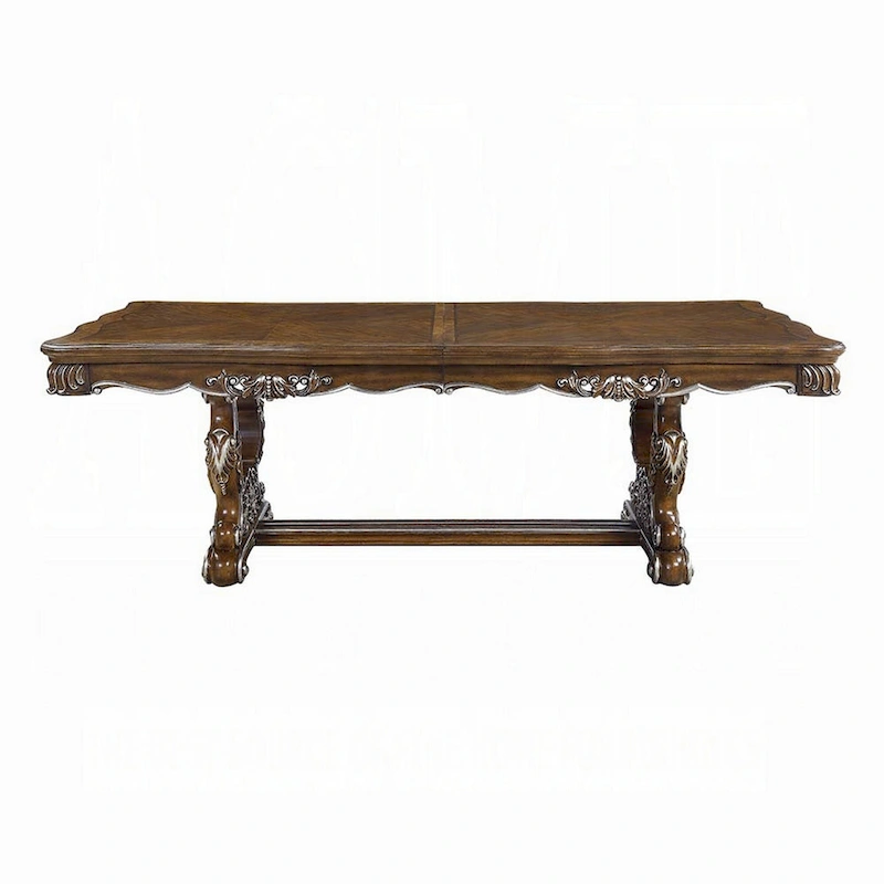 Maver Dining Table, Carved Silver Trim 90-114 Inch Classic Antique Oak