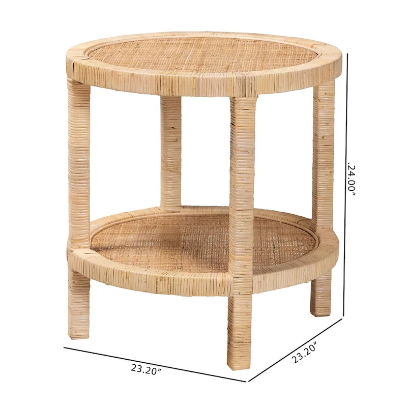 Bella Modern Bohemian Natural Brown Mahogany Wood and Natural Rattan 2-Tier End Table