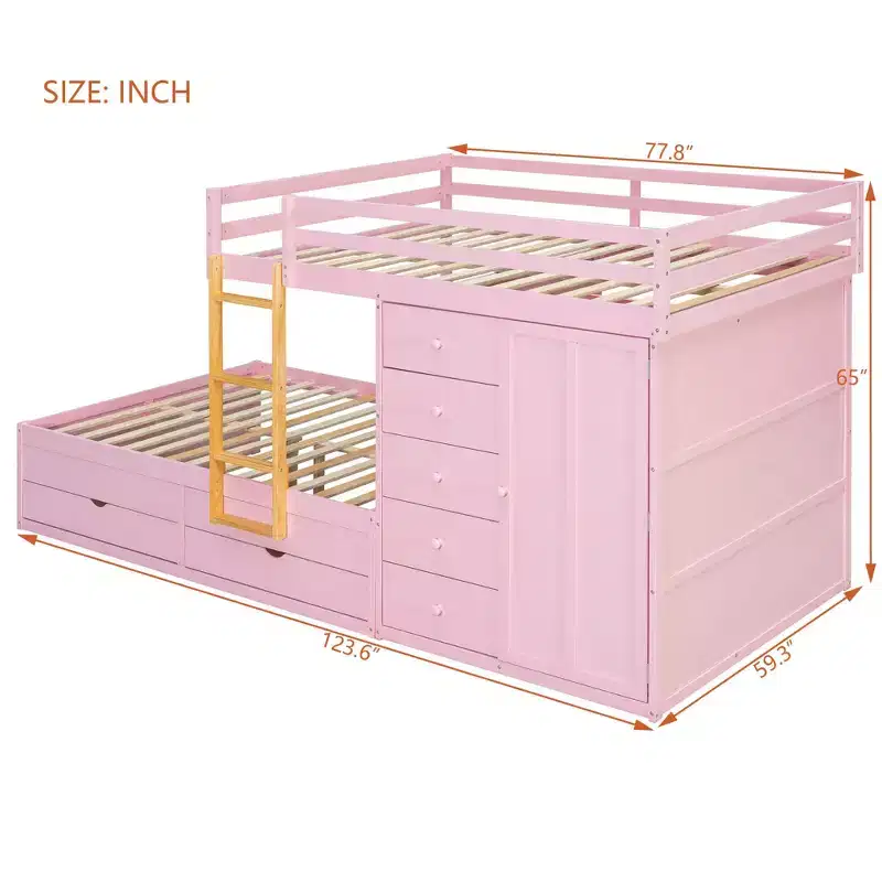 Luxystar Full Over Full Modern Bunk Bed With Built In Closet And 7 Storage Drawers