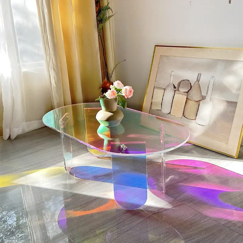 Iridescent Clear Acrylic Oval Side Table with 4 Geometric Legs – Modern
