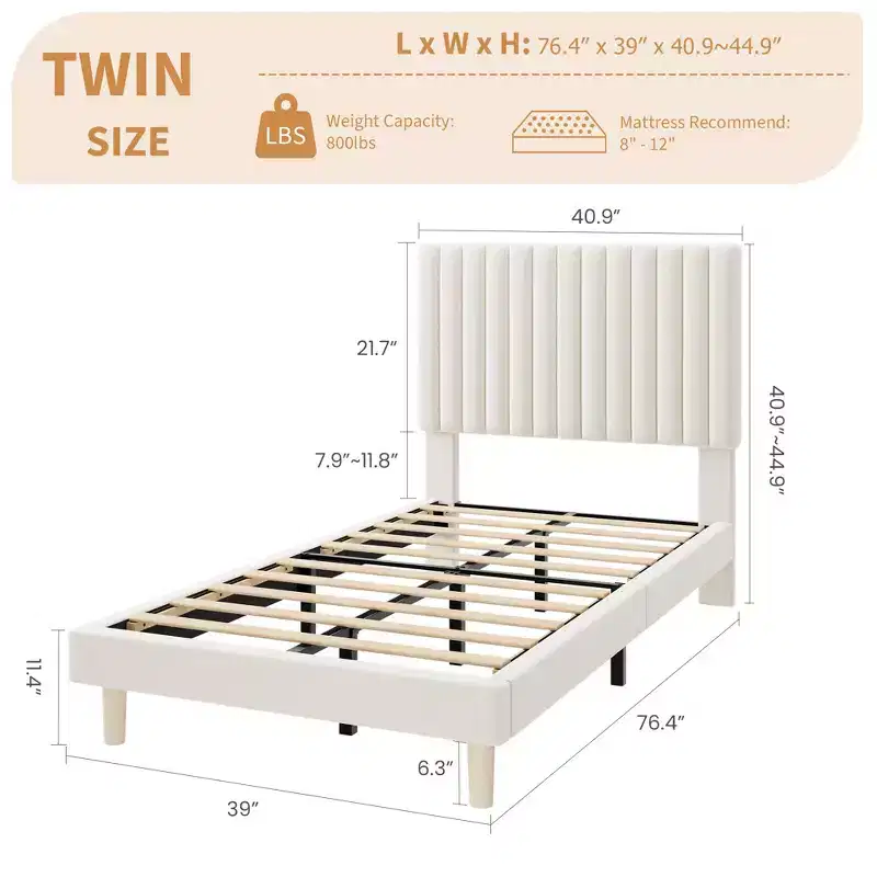 Set of 2 Twin Size Velvet Platform Beds with Adjustable Headboard  Vertical Channel Tufted Design, No Box Spring Needed, Sturdy 800 lbs Capacity
