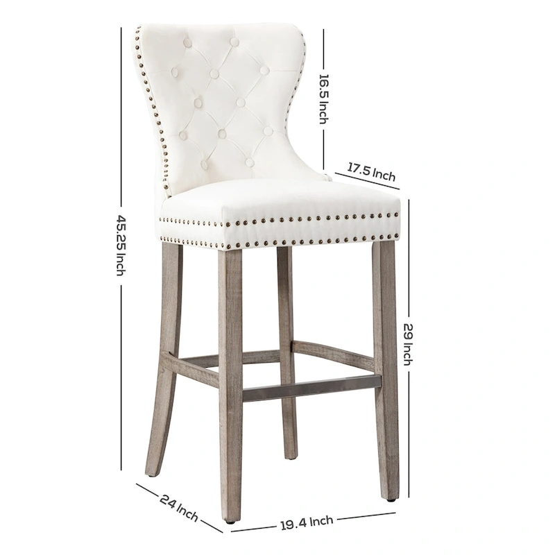 Carter 29  Wingback Tufted Nailhead Bar Stool (Set of 2), Antique Grey Legs
