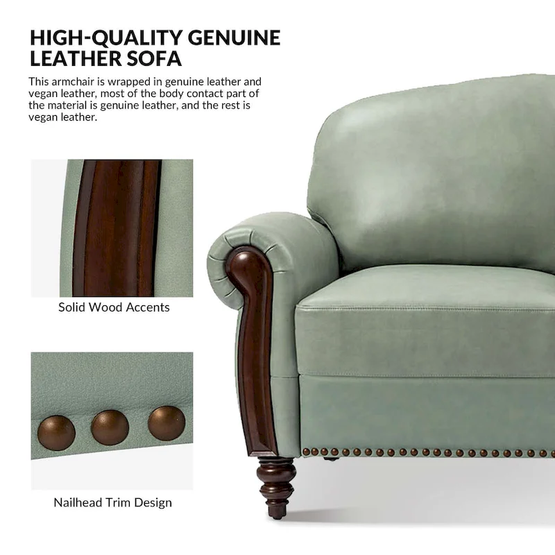 84 Traditional Genuine Leather Sofa with Carved Wood Legs