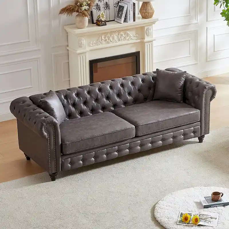 Gray Tufted Sofa with Rolled Arms - 3 Seater