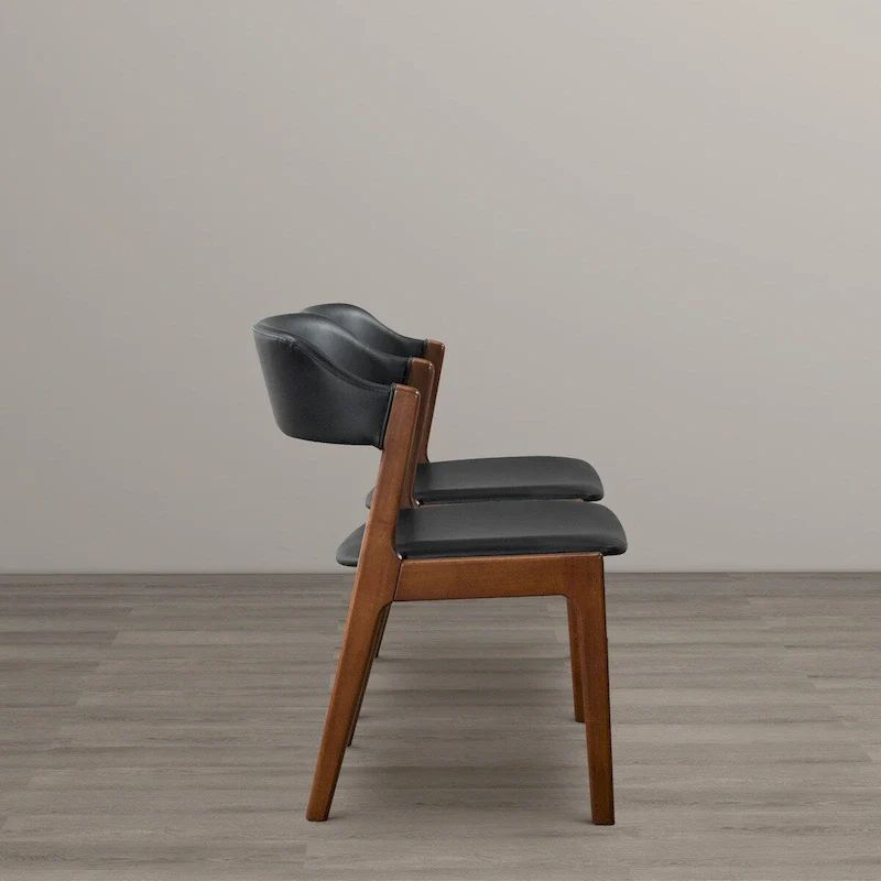 Mid-Century Modern Vegan Leather Dining Chairs with Walnut Base – Black / Medium Brown
