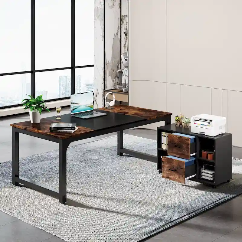 63  L-Shaped Executive Desk with 40  File Drawer Cabinet