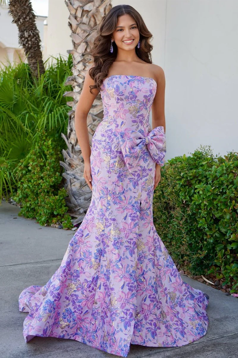 Lavender Strapless Mermaid Floral Printed Long Formal Prom Dresses With Bowknot