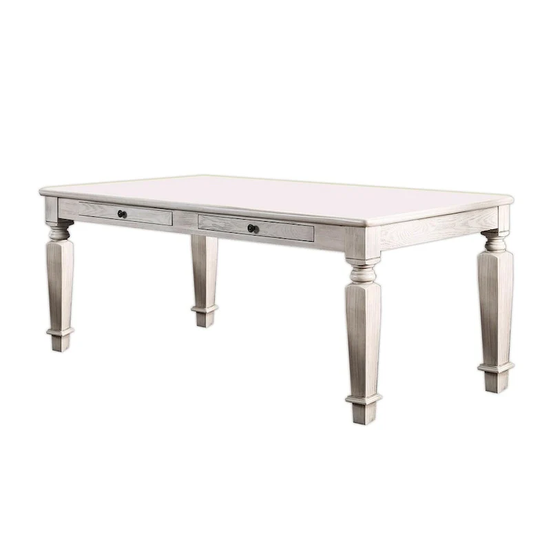 Wooden Dining Table with 2 Drawers and Tapered Legs, Distressed White
