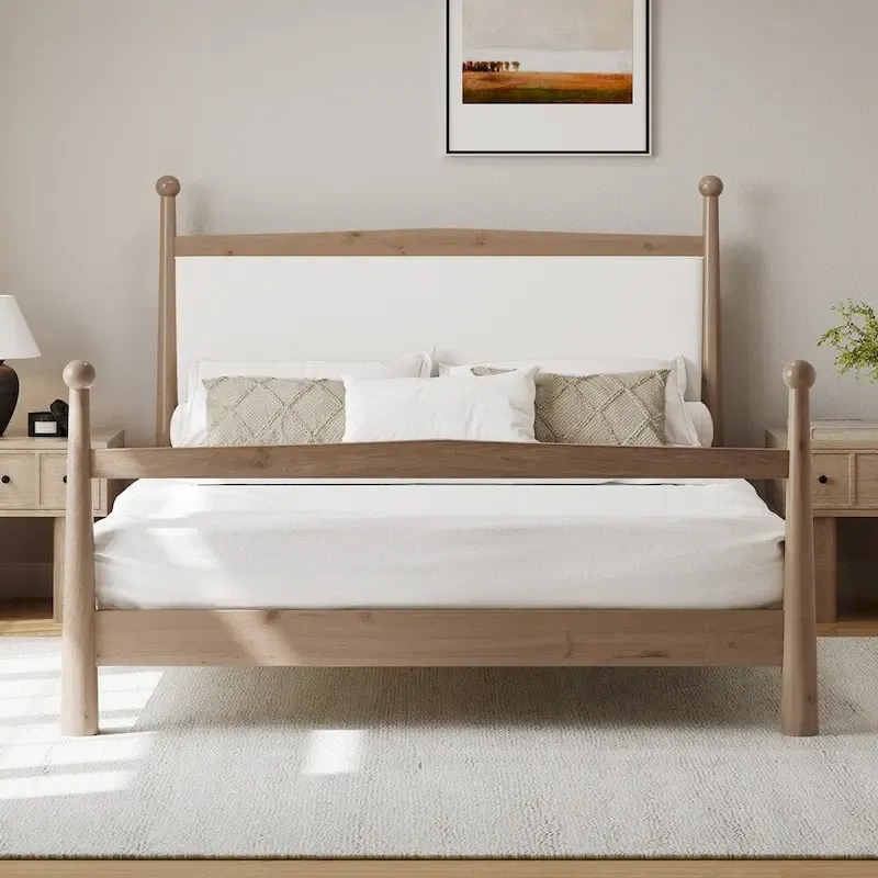 Mid-Century Modern Boucle Upholstered Headboard Wood Platform Bed