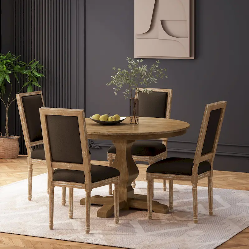 Weathered Wood Circular Dining Table with Upholstered Chairs for 4
