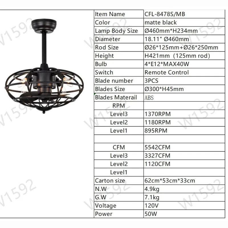 3 Speeds Reversible Caged Ceiling Fan with Remote and Timer