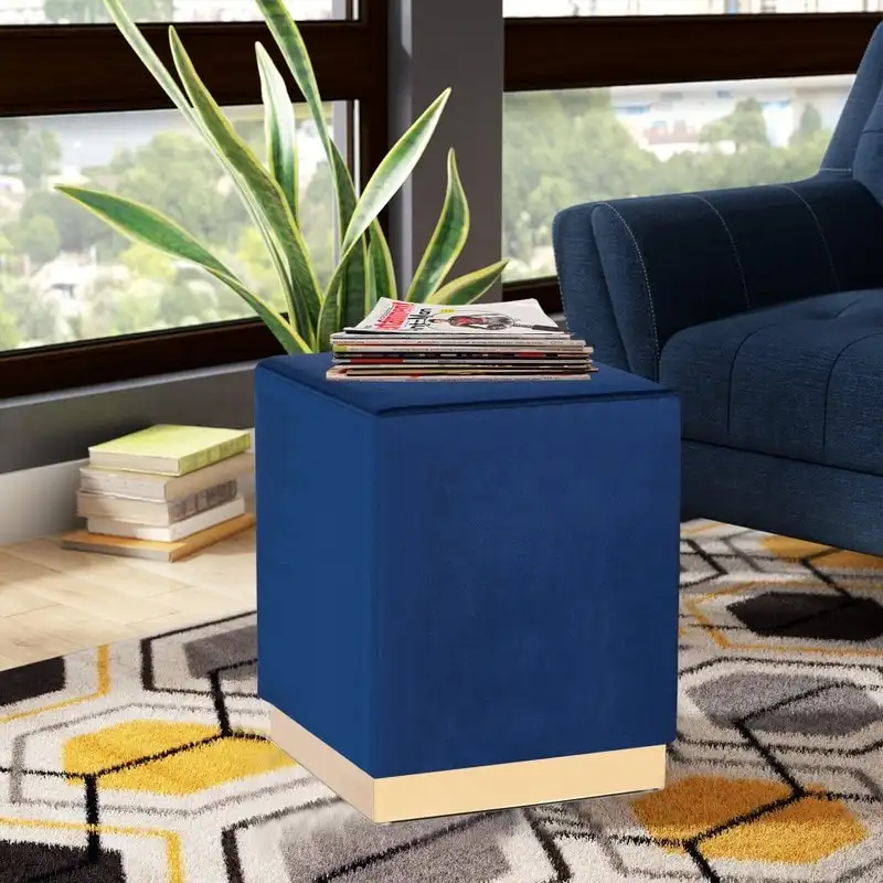 Adeco Ottoman Footrest Vanity Stool Gold Trim Footstool