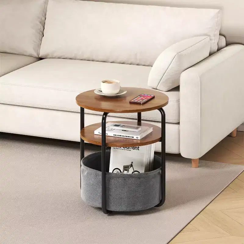 Compact 3-Tier Round Side Table with Storage Bag, 23.6 Vintage Accent Table for Living Room, Bedroom & Small Spaces
