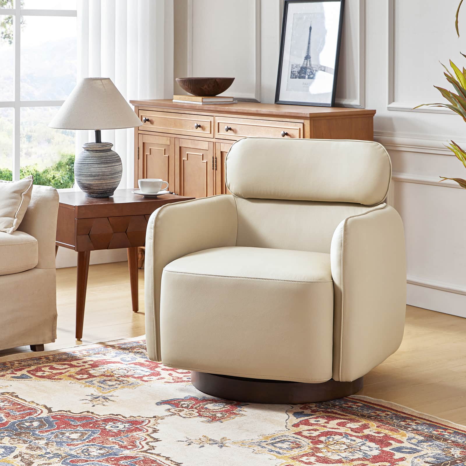 Genuine Leather Swivel Rocking Barrel Chair with Adjustable Headrest & Armrests | White / Camel | Single Seat