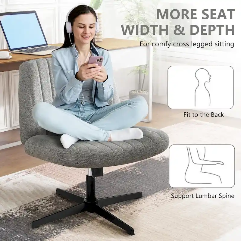 Criss Cross Legged Office, Wide Comfty Desk, Wheels Armless Computer Task, Swivel Vanity Home Chair, Height Adjustable