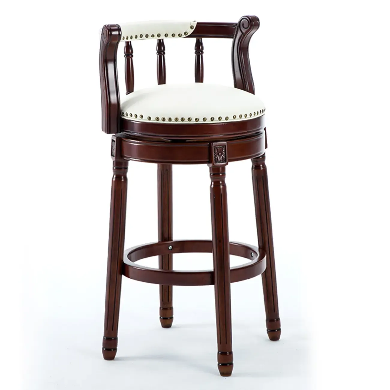 Swivel Counter Height Bar Stools in Genuine Leather & Walnut Solid Wood