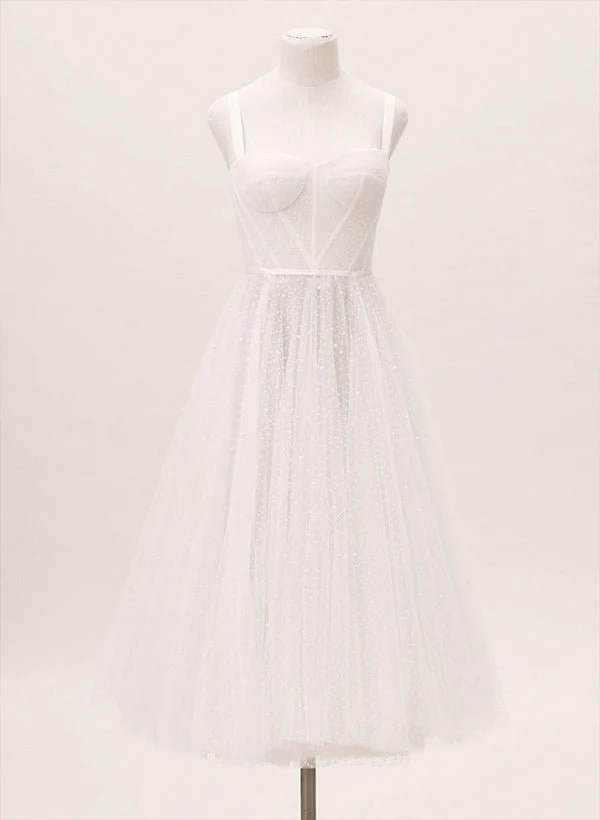 A-Line Sweetheart Sleeveless Tulle Tea-Length Wedding Dresses With Pleated