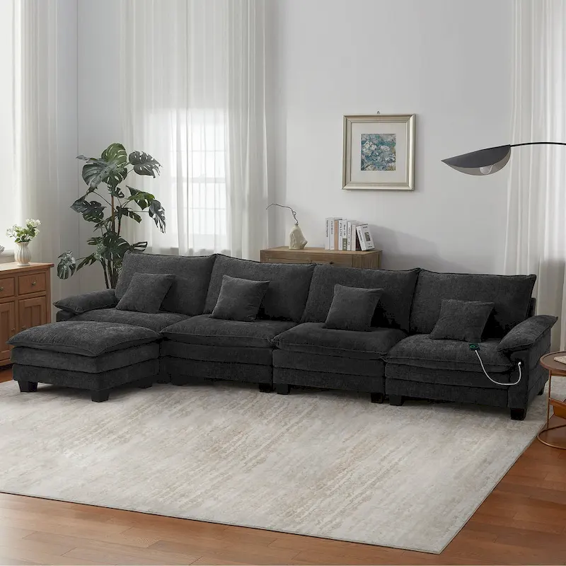 Blue/White/Grey/Black/Cream/Green L-Shaped Modular Sectional Sofa, Convertible Sleeper, 5-Seat