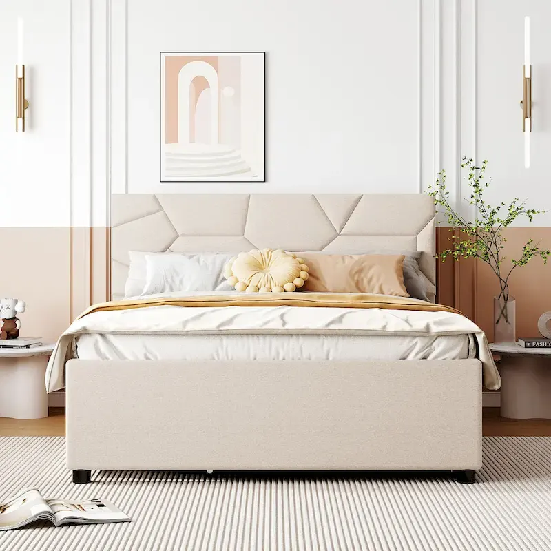 Full Size Upholstered Platform Bed with Brick Pattern Headboard, with Twin Size Trundle and 2 Drawers, Linen, Beige