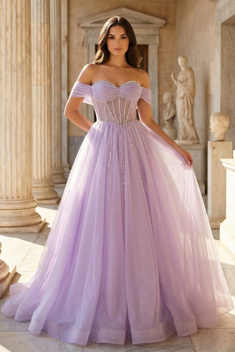 Lavender Beaded A-Line Tulle Prom Dress with Off Shoulder