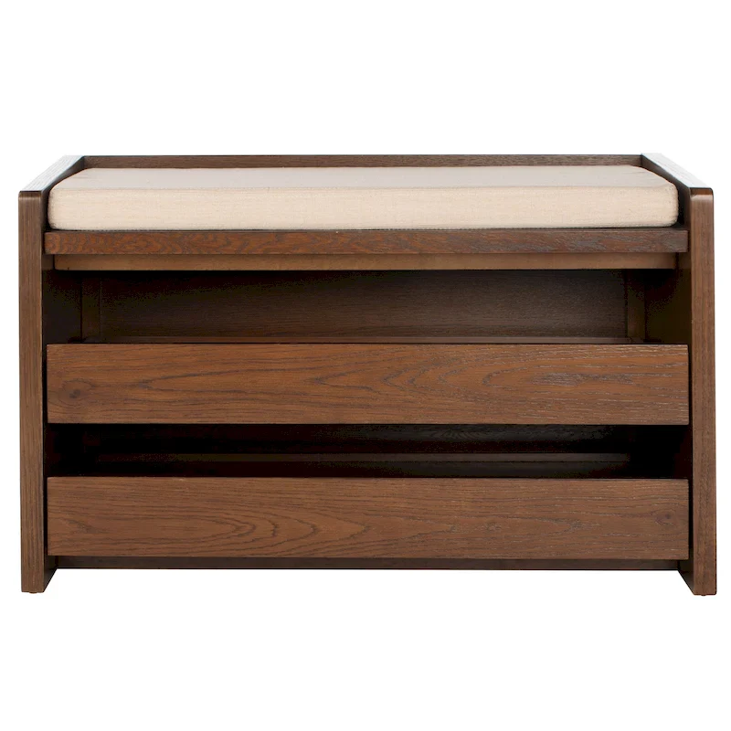 Walnut / White Wash / Black Wood Frame Storage Bench, Linen & PU Seat, 2-Seat