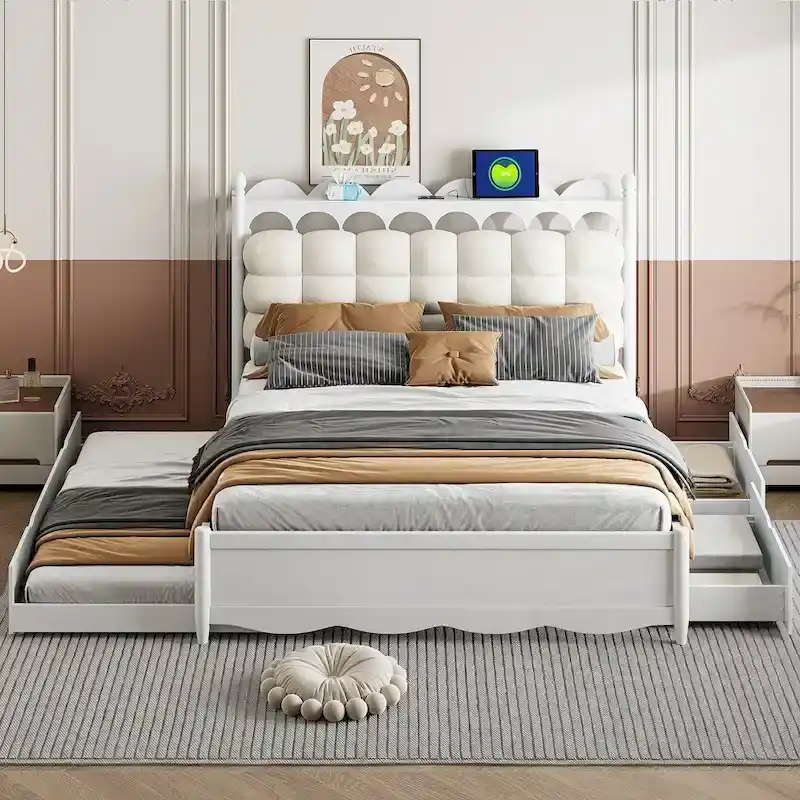 Wooden Storage Platform Bed with 2 Big Drawers and Twin-XL Size Trundle
