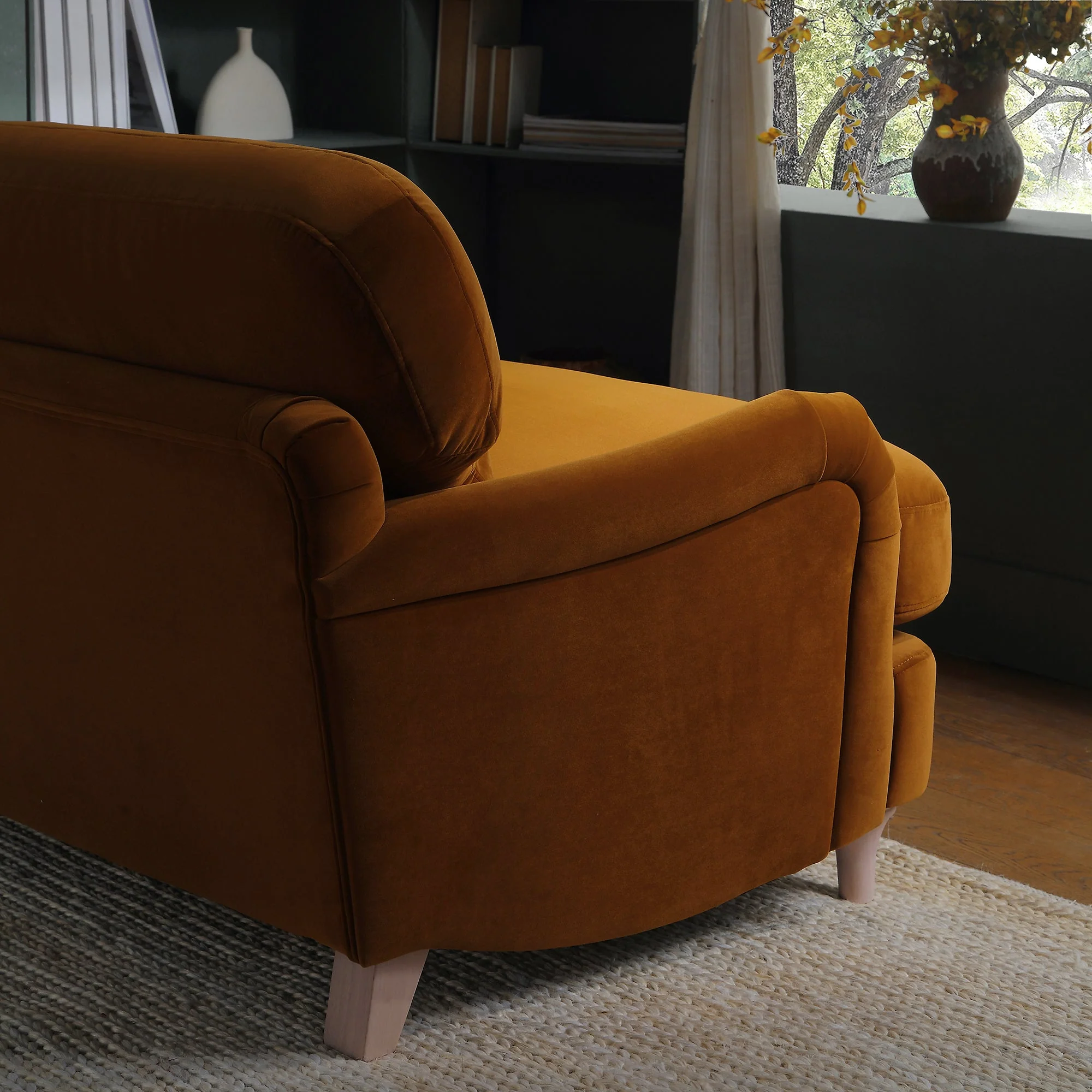 Traditional English Loveseat Sofa - Cinnamon Velvet, Curved Back, Hand Tufted Armrests, 1.5-Seater