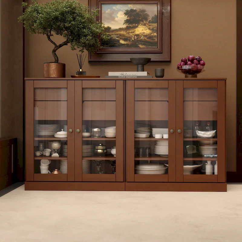 100% Solid Wood 64Sideboard with Clear Glass Doors, 4-Drawers and Adjustable Shelves