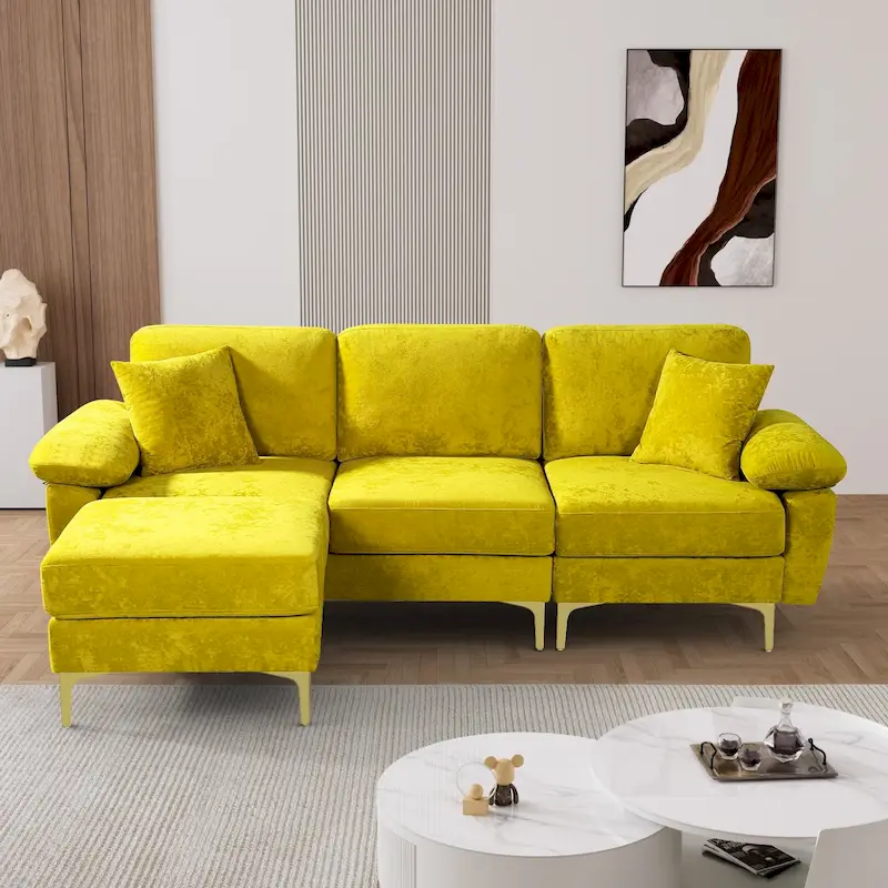 Upholstered Velvet Sectional Sofa with Pillows & Ottoman