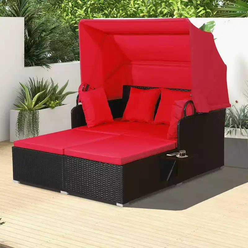 Costway Patio Rattan Daybed Lounge Retractable Top Canopy Side Tables Cushions Off White/Red/Turquoise/Beige