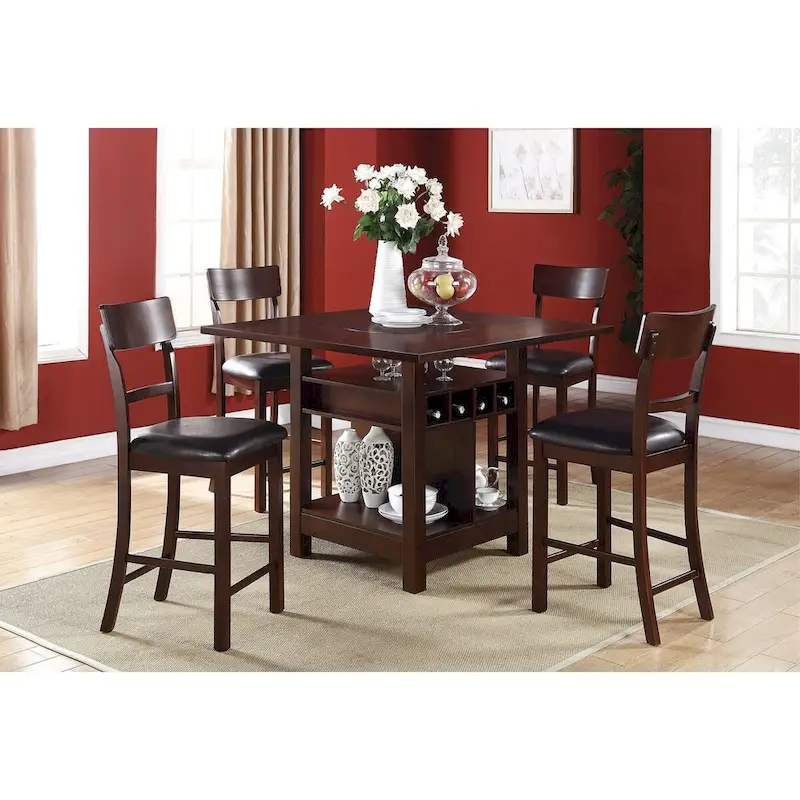 Set of 2 Chairs Dining Room Furniture Brown Solid wood Counter Height Chairs Upholstered Cushioned Unique back
