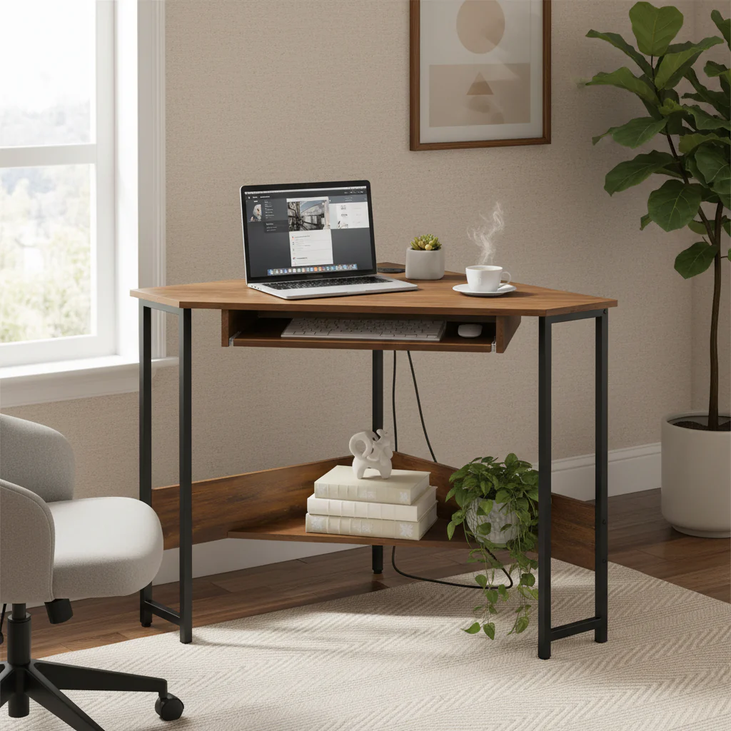 Triangle Corner Desk with Power Outlets - Rustic Brown